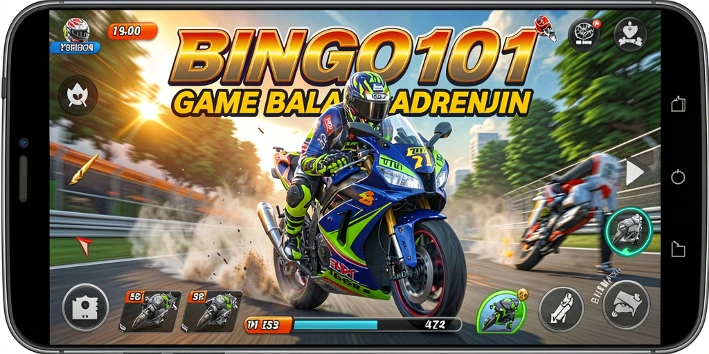 Screenshot gameplay BINGO101 menampilkan aksi balap motor yang mendebarkan.
