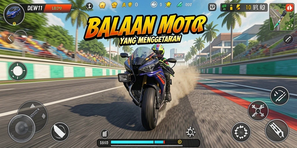 Screenshot DEWI11 memperlihatkan balapan motor yang cepat dan seru.