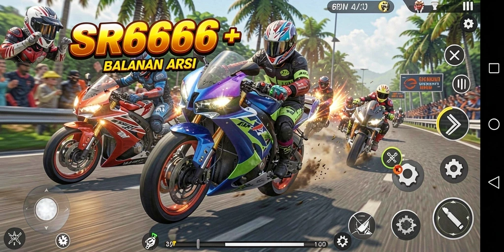 Tangkapan layar gameplay SR6666 yang menampilkan balapan motor yang seru.